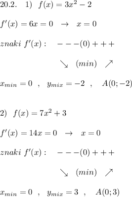 20.2.\ \ \ 1)\ \ f(x)=3x^2-2\\\\f'(x)=6x=0\ \ \to \ \ x=0\\\\znaki\ f'(x):\ \ \ ---(0)+++\\\\{}\qquad \qquad \qquad \quad \searrow \ \ (min)\ \ \nearrow \\\\x_{min}=0\ \ ,\ \ y_{mix}=-2\ \ ,\ \ \ A(0;-2)\\\\\\2)\ \ f(x)=7x^2+3\\\\f'(x)=14x=0\ \ \to \ \ x=0\\\\znaki\ f'(x):\ \ \ ---(0)+++\\\\{}\qquad \qquad \qquad \quad \searrow \ \ (min)\ \ \nearrow \\\\x_{min}=0\ \ ,\ \ y_{mix}=3\ \ ,\ \ \ A(0;3)