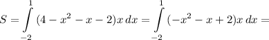 \displaystyle S=\int\limits^1_{-2} {(4-x^2-x-2)x} \, dx =\int\limits^1_{-2} {(-x^2-x+2)x} \, dx =