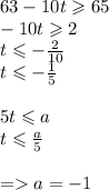 63 - 10t \geqslant 65 \\ - 10t \geqslant 2 \\ t \leqslant - \frac{2}{10} \\ t \leqslant - \frac{1}{5} \\ \\ 5t \leqslant a \\ t \leqslant \frac{a}{5} \\ \\ = a = - 1