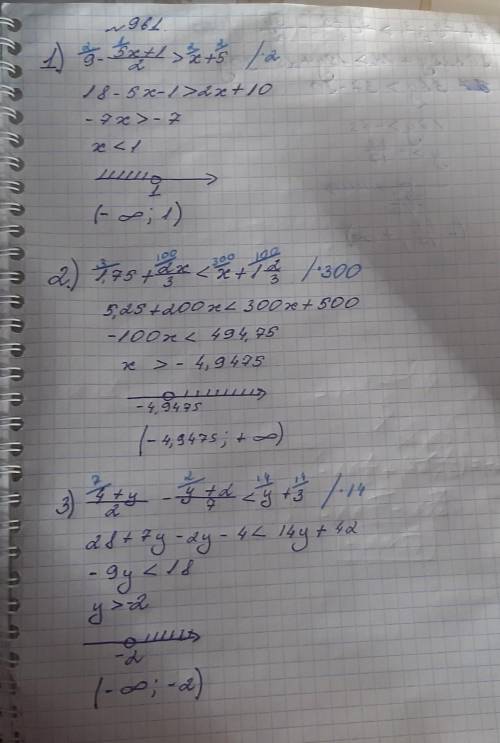 961. Решите неравенства: 1) 9-(5х+1)/2 > х+5; 2) 1,75+2х/3 < х+1 2/3; 3) (4+у)/2-(у+2)/7 <