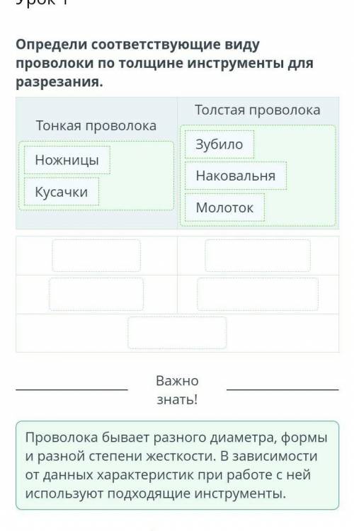 Определи соответствующие виду проволоки по толщине инструментыдля разрезания.Тонкая проволокаТолстая