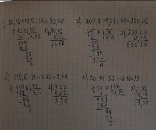 690. Найдите значения выражений: 1) 80,16 + 10,5 : 25;2) 200,2 - 5,04 : 36;3) 119,6 : 13 - 5,82;4) 3