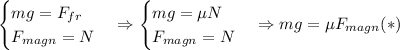 \begin{cases}mg = F_{fr}\\F_{magn} = N\end{cases} \Rightarrow\begin{cases}mg = \mu N\\F_{magn} = N\end{cases} \Rightarrow mg = \mu F_{magn} (*)