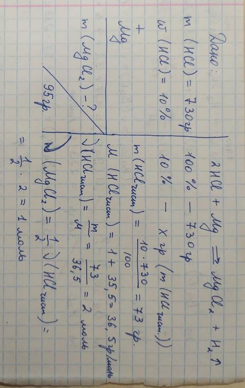 Какая масса соли образуется при взаимодействии 730 г 10% раствора соляной кислоты с магнием?​