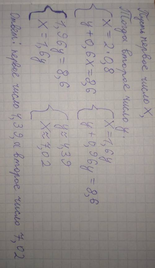 Первое чмсло на 2 больше,чем 80%второго.Второе число и 60% первого в сумме составляют 8.6.Найди эти