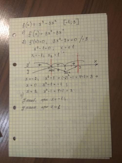 1)найдите наибольшее и наименьшее значение f(x)=x³-3x², на отрезке [-1:3] 2)Определите промежутки мо