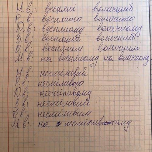 Відмінювання прикметників : весняні, величний, несміливий