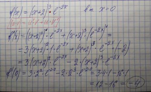 Найдите производную функции f(x) = (x+2)^(3)*e^(-2x) в точке x = 0