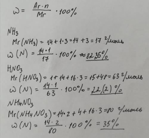 Определите массовые доли азота в следующих соединениях: аммиак, азотная кислота, нитрат аммония. Сра