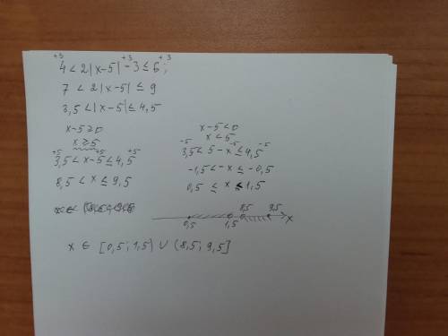 Найди наибольшее целое решение неравенства: 4 < 2|x – 5| – 3 ≤ 6.