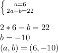 \left \{ {{a=6} \atop {2a-b=22}} \right. \\\\2*6-b=22\\b=-10\\(a,b)=(6,-10)\\