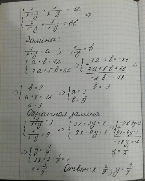 Реши систему уравнений: ⎧⎩⎨1x+y+1x−y=127x+y+5x−y=66 ⎧⎩⎨⎪⎪⎪⎪⎪⎪⎪⎪⎪⎪x= y= (Дробь в ответе должна быть с