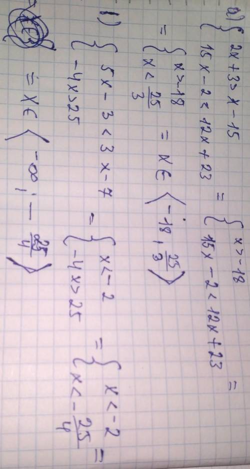 Решите систему неравенств: а)2х + 3 >x - 1515х – 2 < 12х + 23b)(5х – 3 < 3х – 79 - 4x >