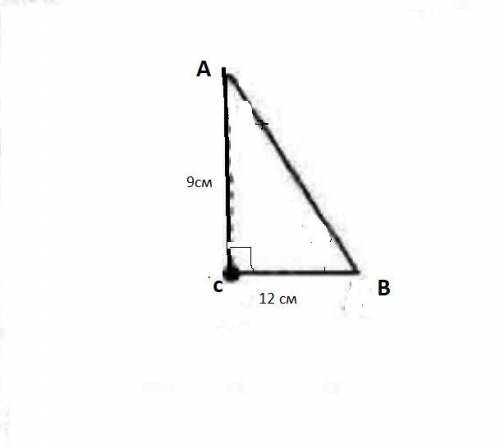 Дан треугольник ABC, известно, что угол C — прямой, CA= 9 см, CB= 12 см. Изобрази соответствующий ри