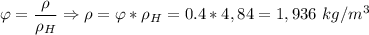 \varphi = \dfrac{\rho}{\rho_H} \Rightarrow \rho = \varphi * \rho_H = 0.4 * 4,84 = 1,936~kg/m^3