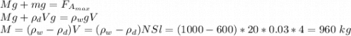 Mg + mg = F_{A_{max}}\\M g + \rho_{d}Vg = \rho_w g V\\M = (\rho_w - \rho_d)V = (\rho_w - \rho_d)NSl = (1000-600)*20*0.03*4 = 960~kg