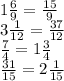 1 \frac{6}{9} = \frac{15}{9} \\ 3 \frac{1}{12} = \frac{37}{12} \\ \frac{7}{4} = 1 \frac{3}{4} \\ \frac{31}{15} = 2 \frac{1}{15}