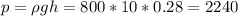 p = \rho gh = 800*10*0.28 = 2240~