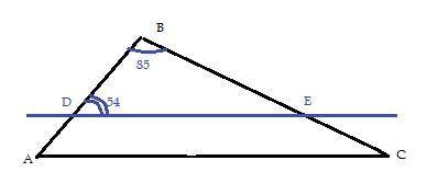 Нарисуй треугольник ABC и проведи DE ∥ AC. Известно, что: D∈AB,E∈BC, ∢ABC=85°, ∢EDB=54°. Вычисли ∡ B