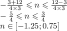 - \frac{3 + 12}{4 \times 3} \leqslant n \leqslant \frac{12 - 3}{4 \times 3} \\ - \frac{5}{4} \leqslant n \leqslant \frac{3}{4} \\n \in[ - 1.25;0.75]