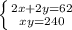 \left \{ {{2x+2y=62} \atop {xy=240}} \right.