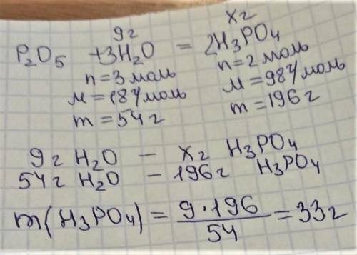 Решите задачу: Найдите массу фосфорной кислоты, полученной при взаимодействии 9 грамм воды с оксидом