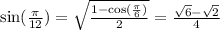 \sin( \frac{\pi}{12} ) = \sqrt{ \frac{1 - \cos( \frac{\pi}{6} ) }{2} } = \frac{ \sqrt{6} - \sqrt{2} }{4}