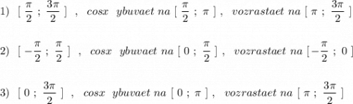 1)\ \ [\ \dfrac{\pi }{2}\ ;\ \dfrac{3\pi}{2}\ ]\ \ ,\ \ cosx\ \ ybuvaet\ na\ [\ \dfrac{\pi}{2}\ ;\ \pi\ ]\ ,\ \ vozrastaet\ na\ [\ \pi \ ;\ \dfrac{3\pi }{2}\ ]\\\\\\2)\ \ [\ -\dfrac{\pi }{2}\ ;\ \dfrac{\pi}{2}\ ]\ \ ,\ \ cosx\ \ ybuvaet\ na\ [\ 0\ ;\ \dfrac{\pi}{2}\ ]\ ,\ \ vozrastaet\ na\ [\, -\dfrac{\pi }{2}\ ;\ 0\ ]\\\\\\3)\ \ [\ 0\ ;\ \dfrac{3\pi}{2}\ ]\ \ ,\ \ cosx\ \ ybuvaet\ na\ [\ 0\ ;\ \pi\ ]\ ,\ \ vozrastaet\ na\ [\ \pi \ ;\ \dfrac{3\pi }{2}\ ]