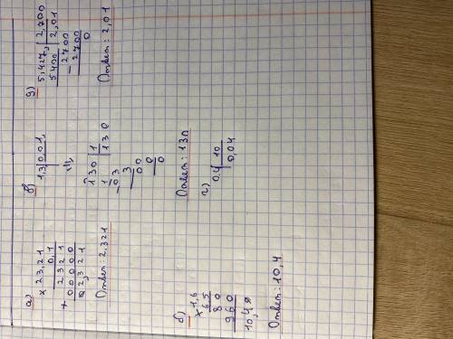 2. Вычислите: а) 23,21•0,1в) 1,3:0,01д) 5,427:2,7б) 1,6•6,5г) 0,4:10 пятый класс​