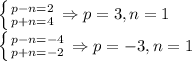 \left \{ {{p-n=2} \atop {p+n=4}} \right. \Rightarrow p = 3, n = 1\\\left \{ {{p-n=-4} \atop {p+n=-2}} \right. \Rightarrow p = -3, n = 1