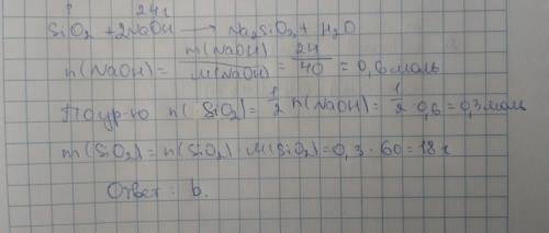 Масса оксида кремния (IV), необходимая для реакции с 24 г гидроксида натрия: a) 5,4 г b) 18 г c) 36
