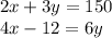 2x + 3y = 150 \\ 4x - 12 = 6y