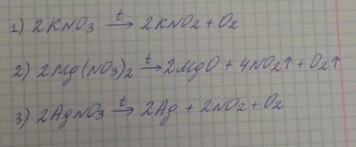 Напишите уравнения реакций термического разложения нитратов: KNO3, Mg (NO3) 2, AgNO3.