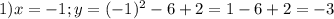 1) x = -1; y = (-1)^2 - 6 + 2 = 1 - 6 + 2 = -3