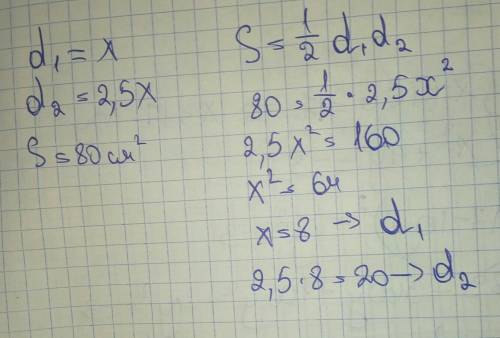 Найди диагонали ромба, если одна из них в 2,5 раза больше другой, аплощадь ромба равна 80 см2.(Прави