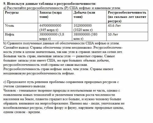 9. Используя данные таблицы о ресурсообеспеченности: а) Рассчитайте ресурсообеспеченность (P) США не