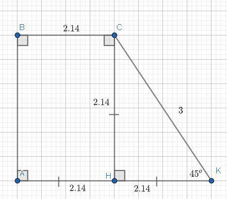 1) В прямоугольной трапеции АВСК большая боковая сторона равна 3 см, угол К равен 45°, а высота СН д