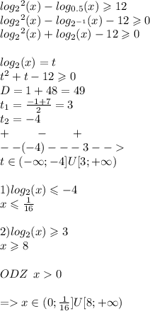 log_{2} {}^{2} (x) - log_{0.5}(x) \geqslant 12 \\ log_{2} {}^{2}(x ) - log_{ {2}^{ - 1} }(x) - 12 \geqslant 0 \\ log_{2} {}^{2} (x) + log_{2}(x) - 12 \geqslant 0 \\ \\ log_{2}(x) = t \\ t {}^{2} + t - 12 \geqslant 0 \\ D = 1 + 48 = 49 \\ t_1 = \frac{ - 1 + 7}{2} = 3 \\ t_2 = - 4 \\ + \: \: \: \: \: \: \: \: \: \: - \: \: \: \: \: \: \: \: \: + \\ - - ( - 4)- - - 3 - - \\ t\in( - \infty ; - 4]U[3; + \infty) \\ \\ 1)log_{2}(x) \leqslant - 4 \\ x \leqslant \frac{1}{16} \\ \\ 2)log_{2}(x) \geqslant 3 \\ x \geqslant 8 \\ \\ ODZ \: \: x 0 \\ \\ = x\in(0 ;\frac{1}{16}]U[8 ;+ \infty )