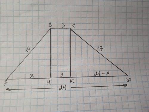 4. В трапеции ABCD (BCIIАD) АВ = 10, BC = 3, CD = 17, AD = 24Найдите площадь трапеции.​