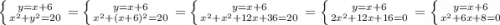 \left \{ {{y=x+6} \atop {x^2+y^2=20}} \right.=\left \{ {{y=x+6} \atop {x^2+(x+6)^2=20} \right. =\left \{ {{y=x+6} \atop {x^2+x^2+12x+36=20}} \right.=\left \{ {{{y=x+6} \atop {2x^2+12x+16=0}} \right.=\left \{ {{{y=x+6} \atop {x^2+6x+8=0}} \right.