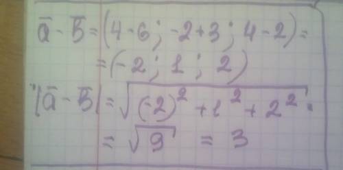 Дано векторы a̅ (4; -2; 4) и b̅ (6; -3; 2). Найдите координаты вектора | a̅ - b̅ | .