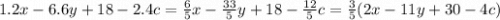 1.2x - 6.6y + 18 - 2.4c = \frac{6}{5} x - \frac{33}{5} y + 18 - \frac{12}{5} c = \frac{3}{5} (2x - 11y + 30 - 4c)