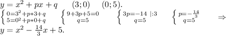 y=x^2+px+q\ \ \ \ \ (3;0)\ \ \ \ (0;5).\\\left \{ {{0=3^2+p*3+q} \atop {5=0^2+p*0+q}} \right. \ \ \ \ \left \{ {{9+3p+5=0} \atop {q=5}} \right.\ \ \ \ \ \left \{ {{3p=-14\ |:3} \atop {q=5}} \right. \ \ \ \ \left \{ {{p=-\frac{14}{3} } \atop {q=5}} \right. \ \ \ \ \ \Rightarrow\\y=x^2-\frac{14}{3}x +5.