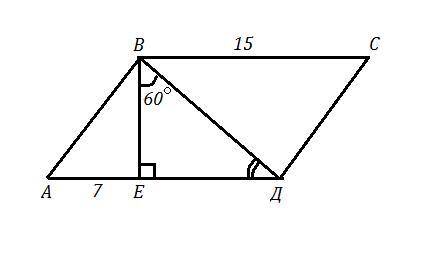 В параллелограмме ABCD на стороне AD отмечена точка E, AEB900, EBD600, AЕ = 7 см, BC = 15 см. На
