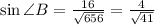 \sin\angle B=\frac{16}{\sqrt{656}}=\frac{4}{\sqrt{41}}