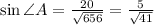 \sin\angle A=\frac{20}{\sqrt{656}}=\frac{5}{\sqrt{41}}