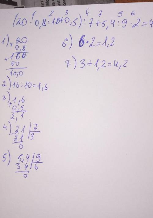 (20 * 0,8 : 10 + 0,5) : 7 + 5,4 : 9 * 2 Решите по действиям .