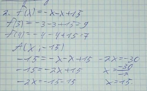 2. Дана функция f(x) =-x-x+15 а) Найдите значения функции f(3),f (4). б) Известно, что график функц