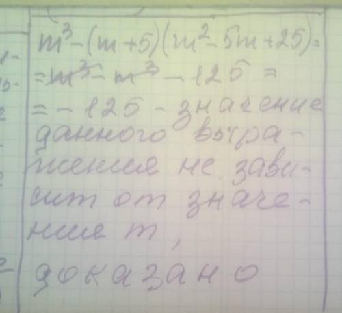 докажите что значени выражения m^3-(m+5)(m^2-5m+25) не зависит отзначения m