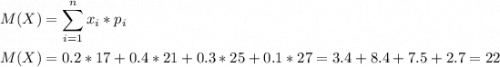 \displaystyle M(X)=\sum_{i=1}^n x_i*p_i\\\\M(X)=0.2*17+0.4*21+0.3*25+0.1*27=3.4+8.4+7.5+2.7=22